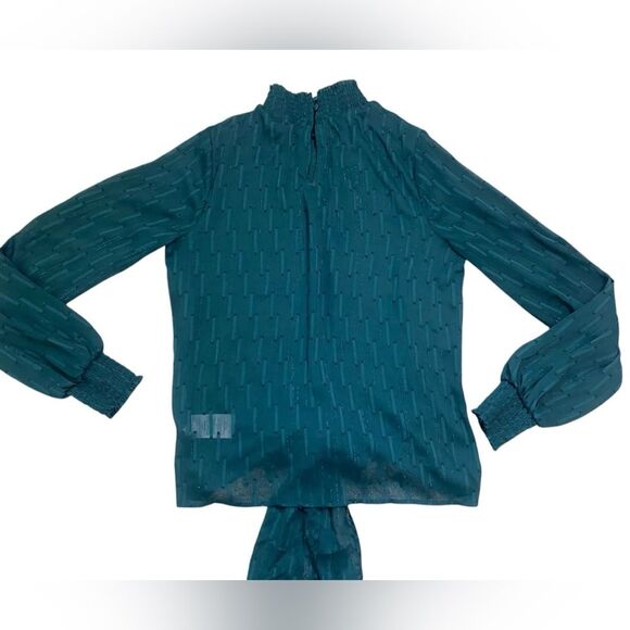 EXPRESS Teal Green Mock Neck Semi-Sheer Long Sleeve Tie Bottom Blouse - Picture 5 of 11